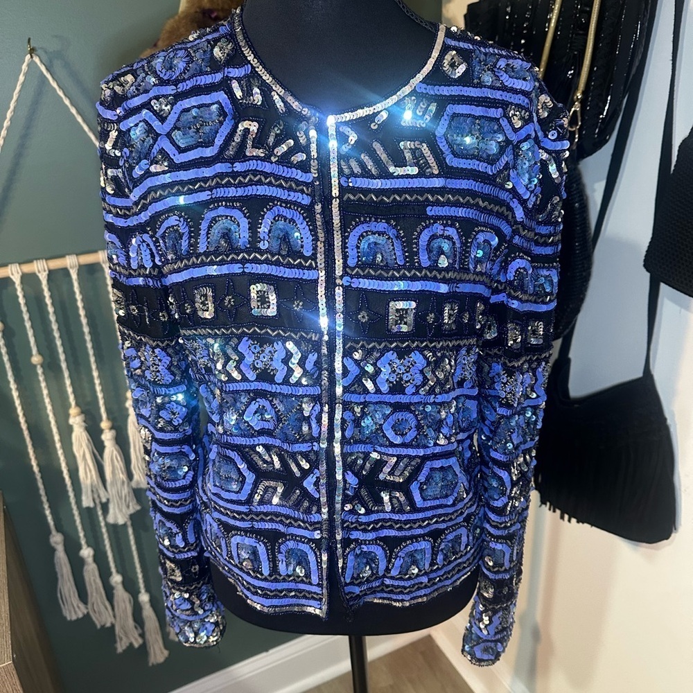 Papell Vintage Blue & Black Beaded Silk Jacket Embellished Evening Jacket